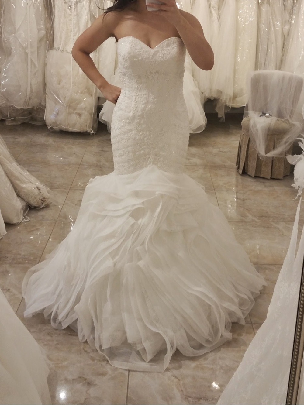Pronovias Ontina Sweetheart Neckline Mermaid Bodice Organza Skirt Wedding Dress